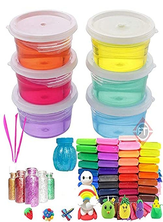 Firstly Traders 6 Crystal Slime+ 24 Air Dry Clay+ 1 Slime Pot with Free Tools and Glitter for Kids Boys and Girls Age 3+ Years Magic Mud Surprise Gift - Image 1